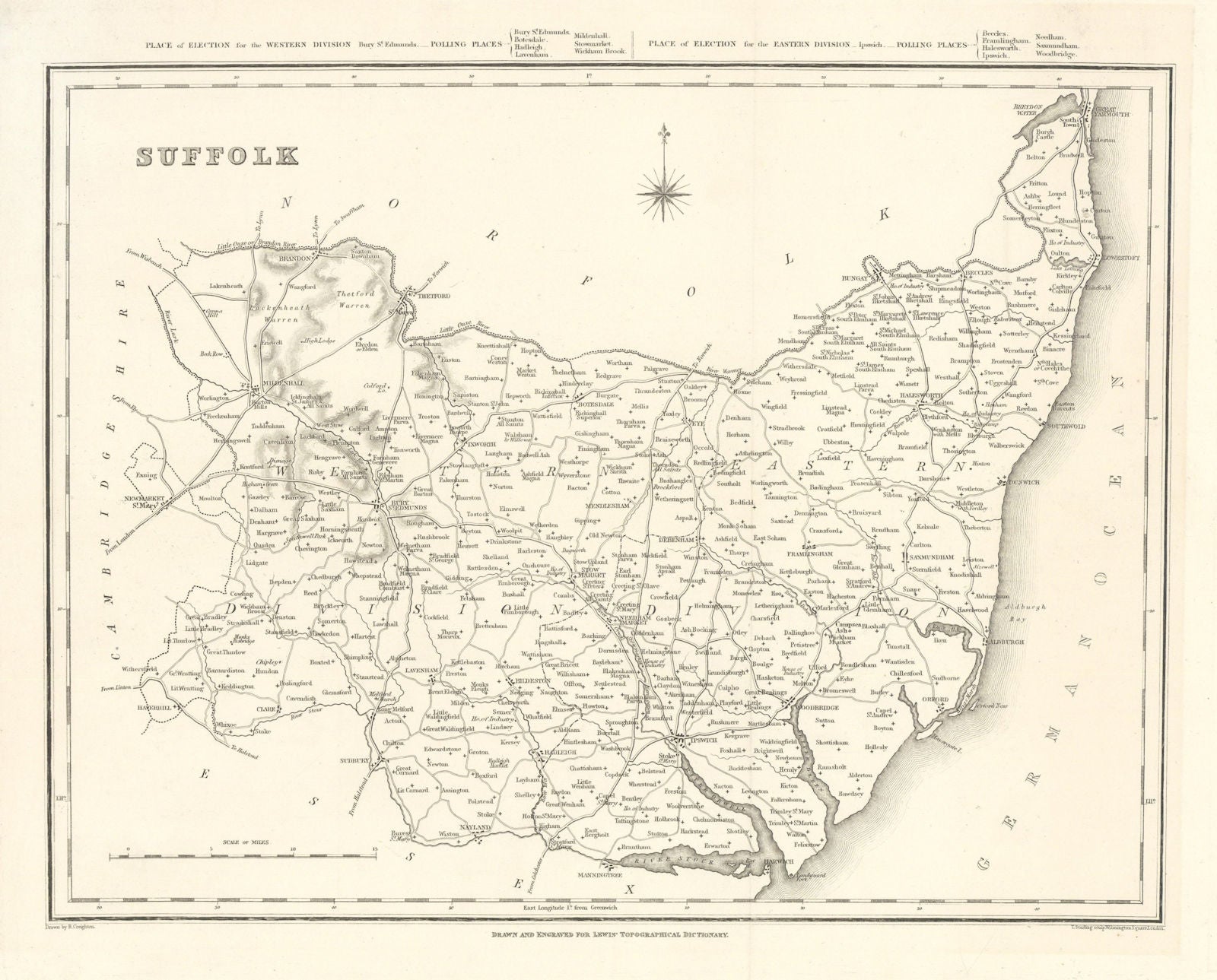 Antique county map of SUFFOLK by Starling & Creighton for Lewis c1840 old